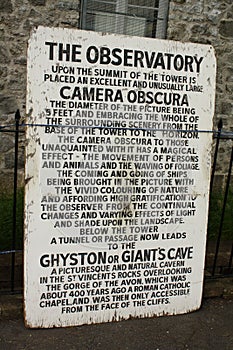 Vintage sign for Camera Obscura in Clifton, Bristol, UK