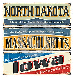 Vintage sign collection with US state. North Dakota. Massachusetts. Iowa. Retro souvenirs or postcard templates on rust backgroun