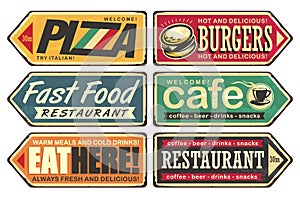 Vintage sign posts set for cafe, pizza, burger and fast food restaurant