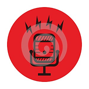 Vintage silhouette microphone with lightning sign on a red circle background for broadcast or podcast logo