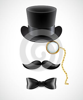 Vintage silhouette of top hat, mustaches, monocle photo