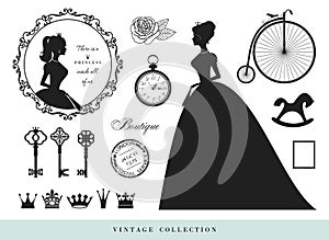 Vintage silhouettes set. Princesses, old keys, crowns, stamps.