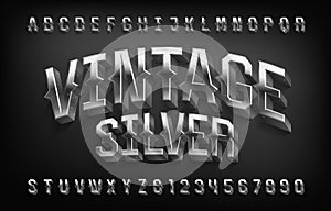 Vintage silver alphabet font. 3D damaged metal letters.