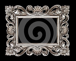 Vintage silver baroque style picture frame isolated over black