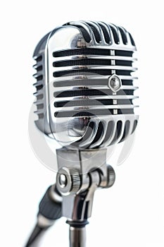 Vintage silver microphone with a classic design, highlighting timeless audio equipment and broadcasting tools