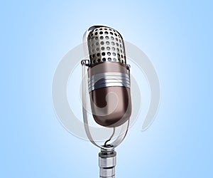 Vintage silver microphone close up on blue background 3d render