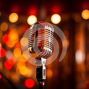 Vintage silver Microphone in front of bokeh