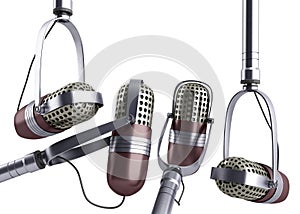 Vintage silver microphones set close up on white background 3d r