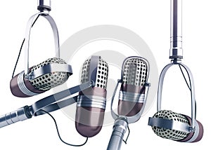 Vintage silver microphones set close up on white background 3d r