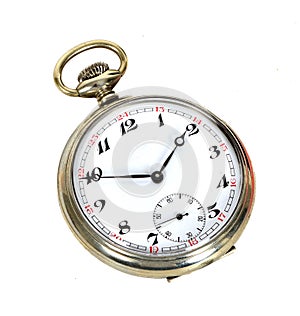 Vintage silver pocket watch isolated on white background, with cover