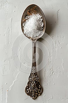 Vintage Silver Spoon with Coarse Sea Salt on a Textured White Background