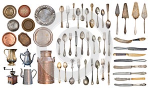 Vintage Silverware, antique spoons, forks, knives, ladle, cake shovels, kettle, tray and ice bucket isolated on isolated white