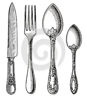 Vintage silverware. Knife, Fork and Spoon