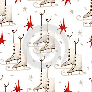 Vintage skates and red stars watercolor seamless pattern