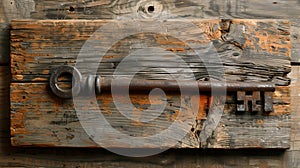 Vintage skeleton key resting on an aged wooden background. a piece of the past captured. rustic charm in simple elements