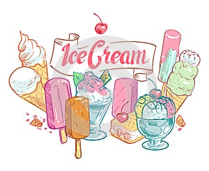 Vintage sketch fruit ice cream vector summertime poster