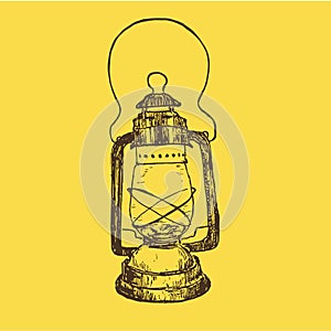 Vintage sketch kerosene lamp or lantern vector illustration. Ink hand drawn retro kerosene lamp on yellow background.