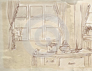 Vintage sketch of kitchen interior. Hand drawn illustration. Vintage style. photo