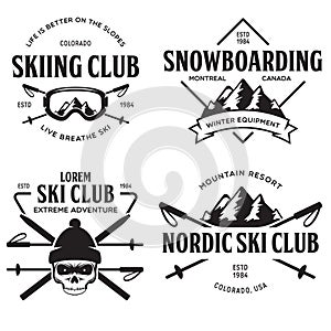 Vintage ski or winter sports logos, badges, emblems, design elements. Vector illustration. Monochrome Graphic Art