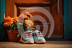 Vintage Sneakers and Orange Gerbera Flowers by Wooden Door