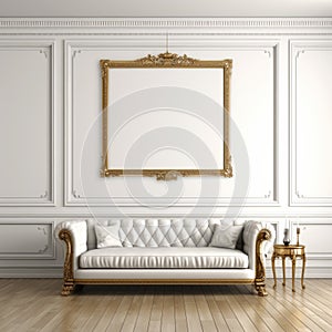 Vintage Interior With White Couch And Ornate Frame photo