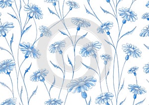 Vintage soft blue floral seamless pattern. Watercolor painting blue daisy flowers with silver contours on white background