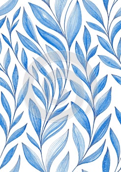 Vintage soft blue nature seamless pattern. Watercolor painting blue twigs with leaves with silver contours on white background