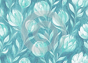 Vintage soft turquoise floral seamless pattern. Watercolor painting flowers with silver contours on textured background.