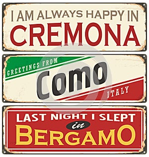 Vintage souvenir sign or postcard templates with cities in Italy