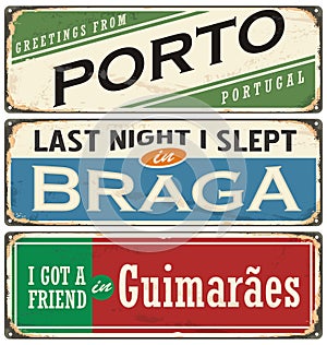 Vintage souvenir sign or postcard templates with Portugal cities