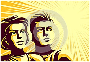 Retro soviet propaganda style couple man and woman looking into the distance with inspired face expression vector illustration photo