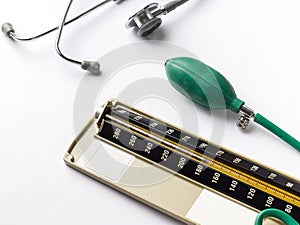 Vintage sphymomanometer - A blood pressure measuring machine stock image.