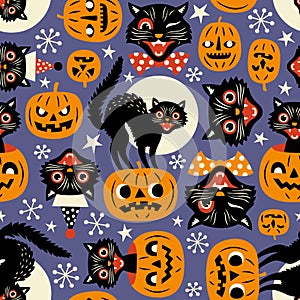 Vintage spooky cats and halloween pumpkins.