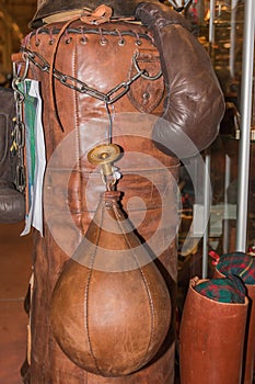 Vintage sport boxer gloves and leather punching bag
