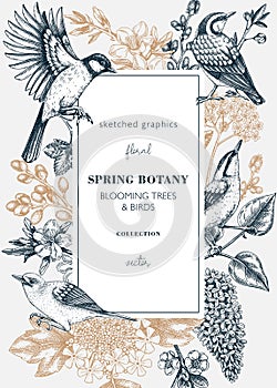 Vintage spring card or invitation template. Vintage frame designs with birds, flowers, leaves and blooming tree branches. Almond,