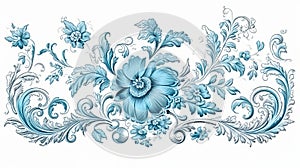 Vintage spring flower summer blue scroll Baroque Victorian frame border floral ornament leaf engraved