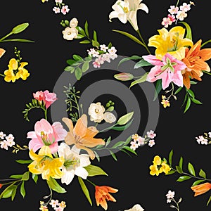 Vintage Spring Flowers Background - Seamless Floral Lily Pattern
