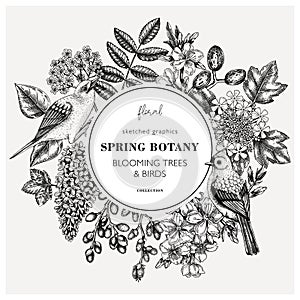 Vintage spring hand drawn wreath template. Floral frame designs with birds, flowers, leaves and blooming tree branches. Almond,