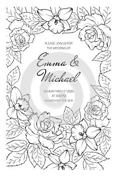 Vintage spring summer wedding marriage event invitation card template. Rose peony daffodil narcissus flowers.