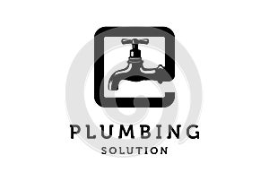 Vintage Square Pipe with Water Faucet for Tap Plumbing Sanitary Service Logo Design Vector