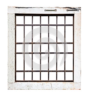 vintage square window with stone marble frame protected with metallic railing bars isolated on white