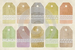 Vintage Stained Paper Ephemera Tags with lace characters