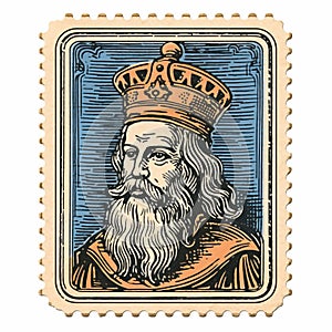 Vintage Stamp With King: Colorful Moebius Style Illustration
