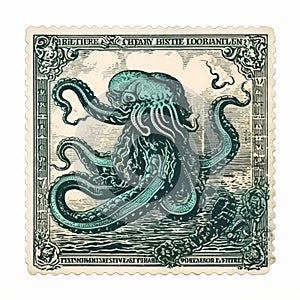 Vintage Stamp: Octopus In Blue - Aaron Horkey Style