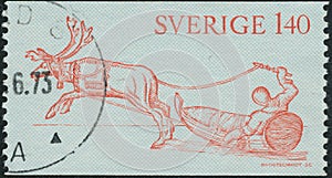 Vintage stamp printed in Sweden circa 1972 shows Lapp Motive