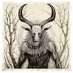 Vintage Stamp Wendigo Print On White Background - Colorful Line Engraving