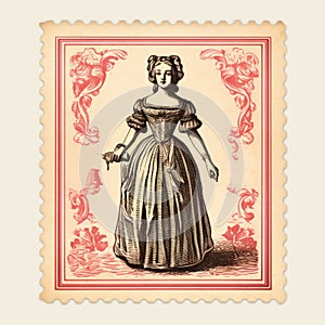 Vintage Stamp Of Woman In Old Dress: Letterism Style Illustration