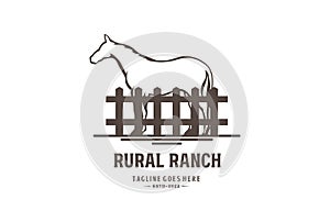 Vintage Standing Horse with Fence Logo for Countryside Rural Ranch