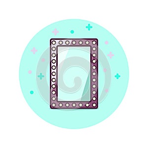 Vintage standing mirror label isolated on blue circle background. Design template for banner, badge, logo, web sites, stores.