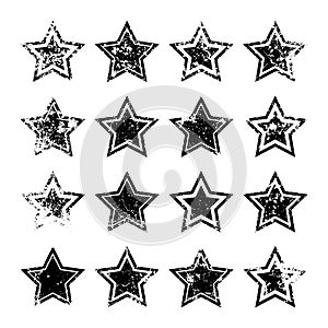 Vintage stars with cracks and stains. Old hand-drawn sign, black simple shape. Retro design element with distressed